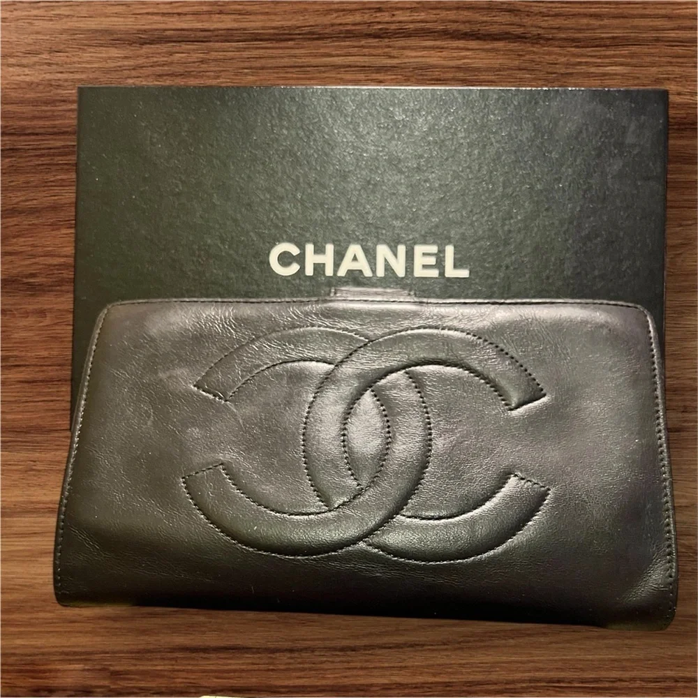 Authentic Vintage Chanel Timeless CC Long Wallet. box and authenticated card.